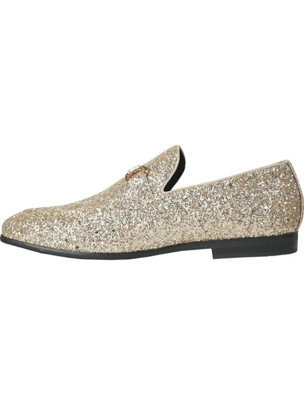 Men's Gold Glitter Loafers Metal Buckle Cap Toe Metallic Slip On Party Shoes